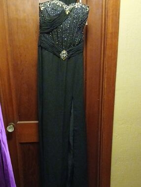 Kerisma Black One-Shoulder Evening Gown with Gold Embellishments